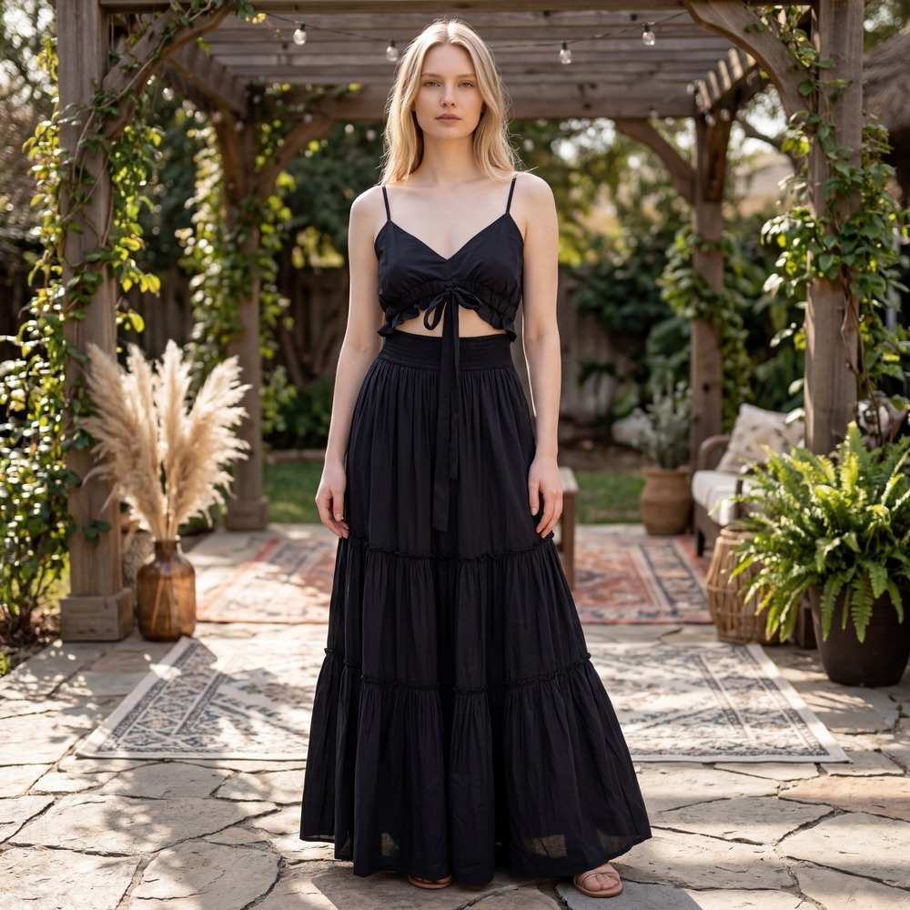Boho Chic Goth summer Flowy Black Tiered Maxi Dress Cutout Tie Front Small NWT
